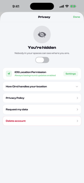 Circl privacy controls showing sharing paused